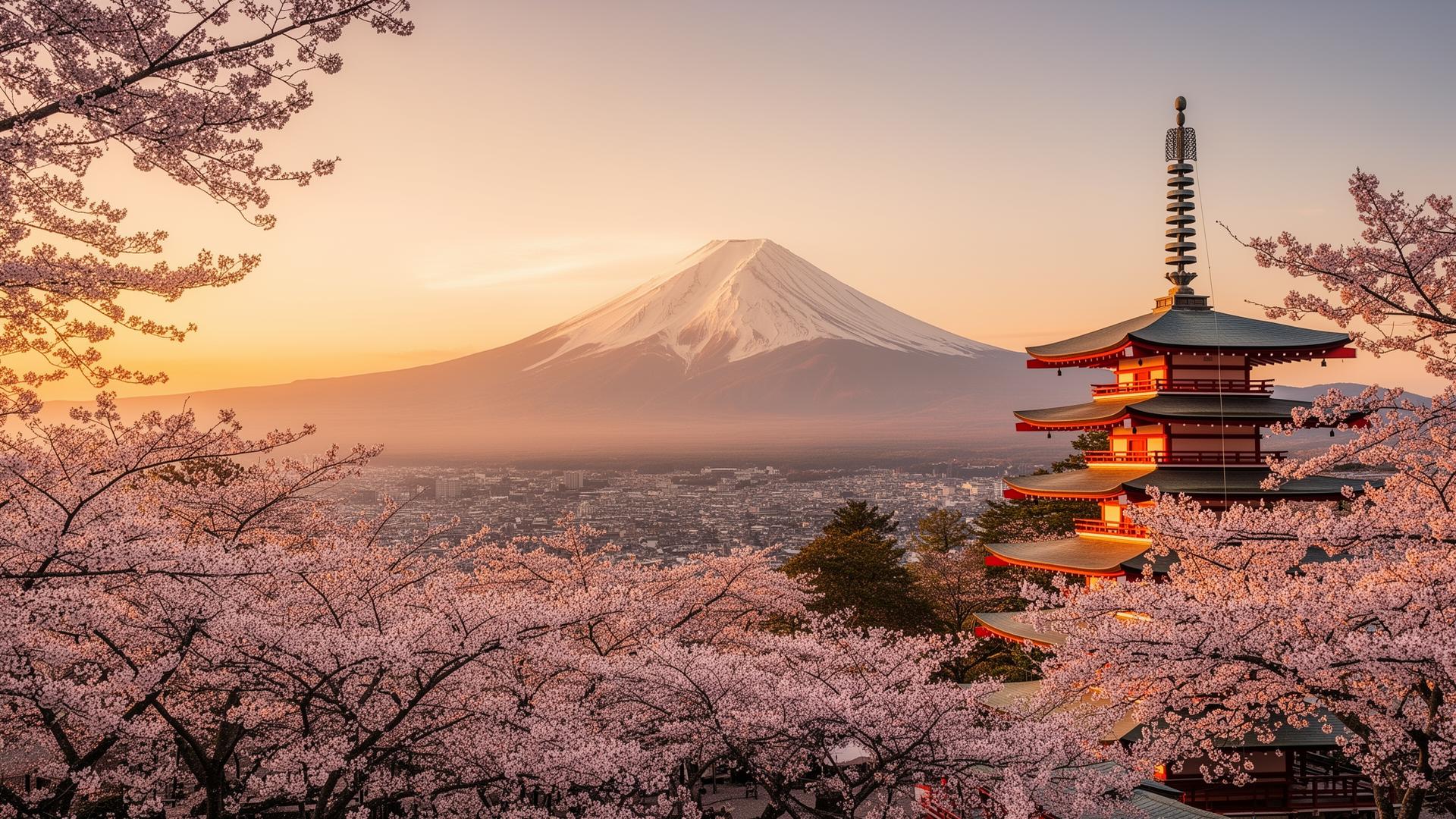 Mount Fuji with cherry blossoms and the Chureito Pagoda at golden hour
